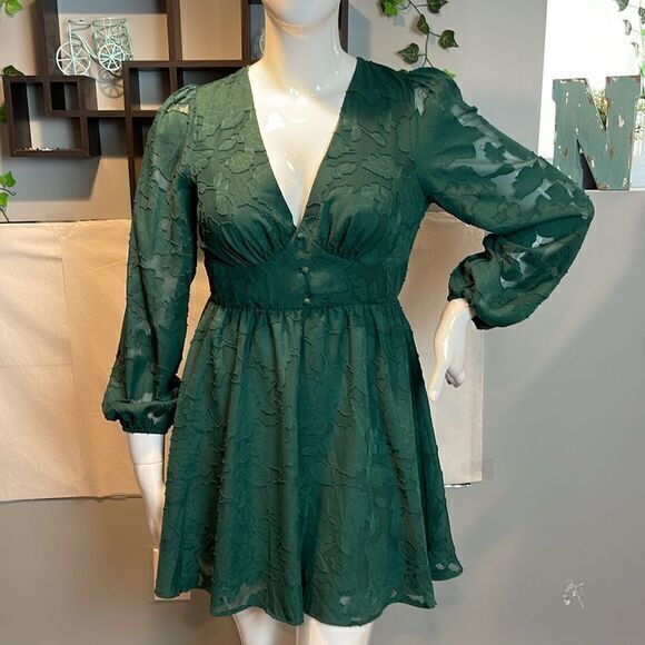 Cupshe Emerald Lace Mini Dress Long Sleeve Floral Print A Line Dress L RefCPS079 - Picture 5 of 13